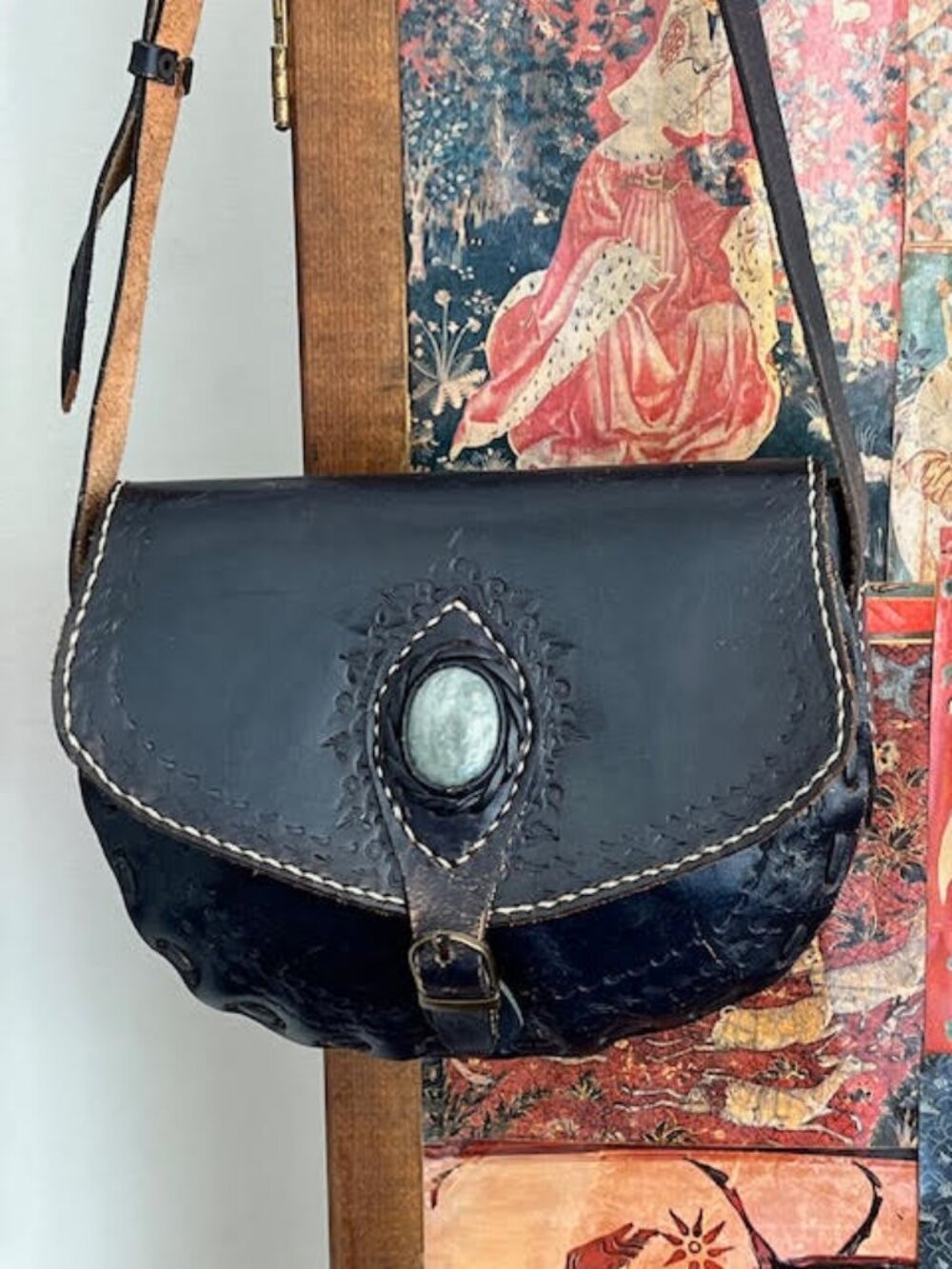 Hand-Painted Tooled Leather Bag with Semi-precious Inlaid Cabochon - Picture 2 of 10